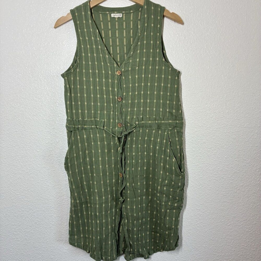 Natura Dress Medium Green Gauze V Neck Button Front Tie Waist Pockets Cotton